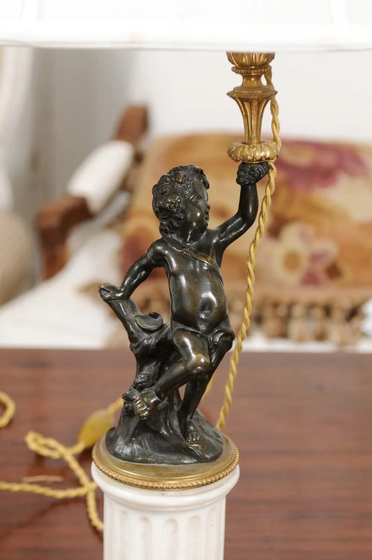French 19th Century Neoclassical Style Marble and Bronze Putti Lamps - A Pair - 9