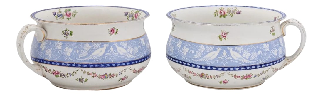 English Booths Blue & White China Bowls Produced for Harrods in London - a Pair: A pair of booths blue and white China bowls produced for Harrods in London, with birds and garlands of flowers, from the early 20th century. Created in England for Harrods by Booths who became known