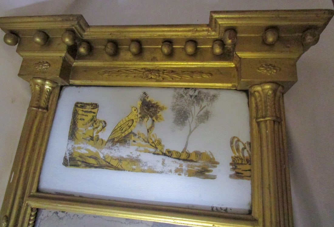 Circa 1820 American Giltwood Mirror With Eglomise Panel Woodland Scene With Bird - 2