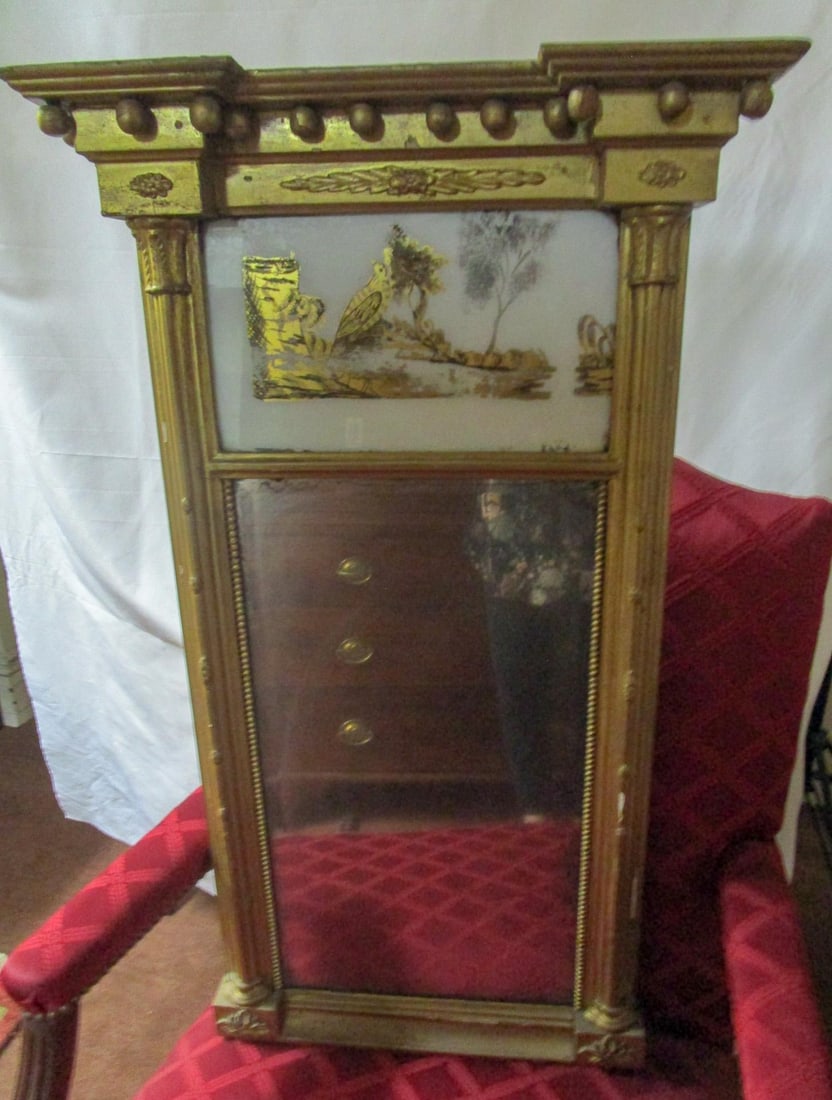 Circa 1820 American Giltwood Mirror With Eglomise Panel Woodland Scene With Bird - 3