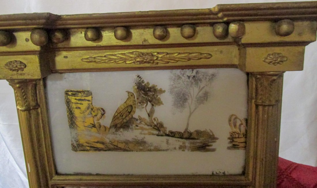 Circa 1820 American Giltwood Mirror With Eglomise Panel Woodland Scene With Bird - 4