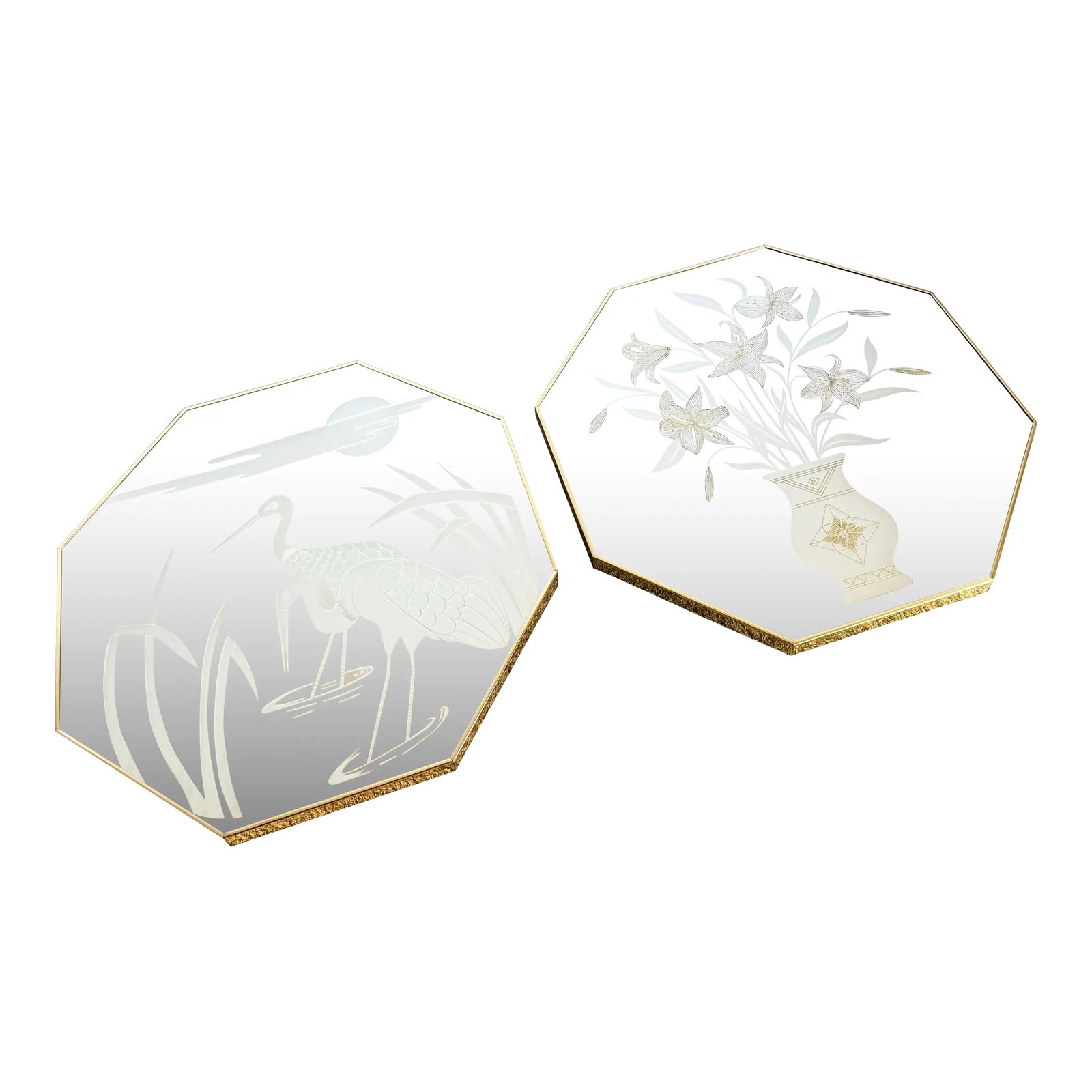 Art Deco Etched Gold and Frosted Octagonal Mirrors by Mechanical Mirror Works - A Pair: Elevate your space with this striking pair of vintage Art Deco mirrors by Mechanical Mirror Works. Each octagonal panel features elegant etched motifs-one of graceful herons in a marsh, the other of a