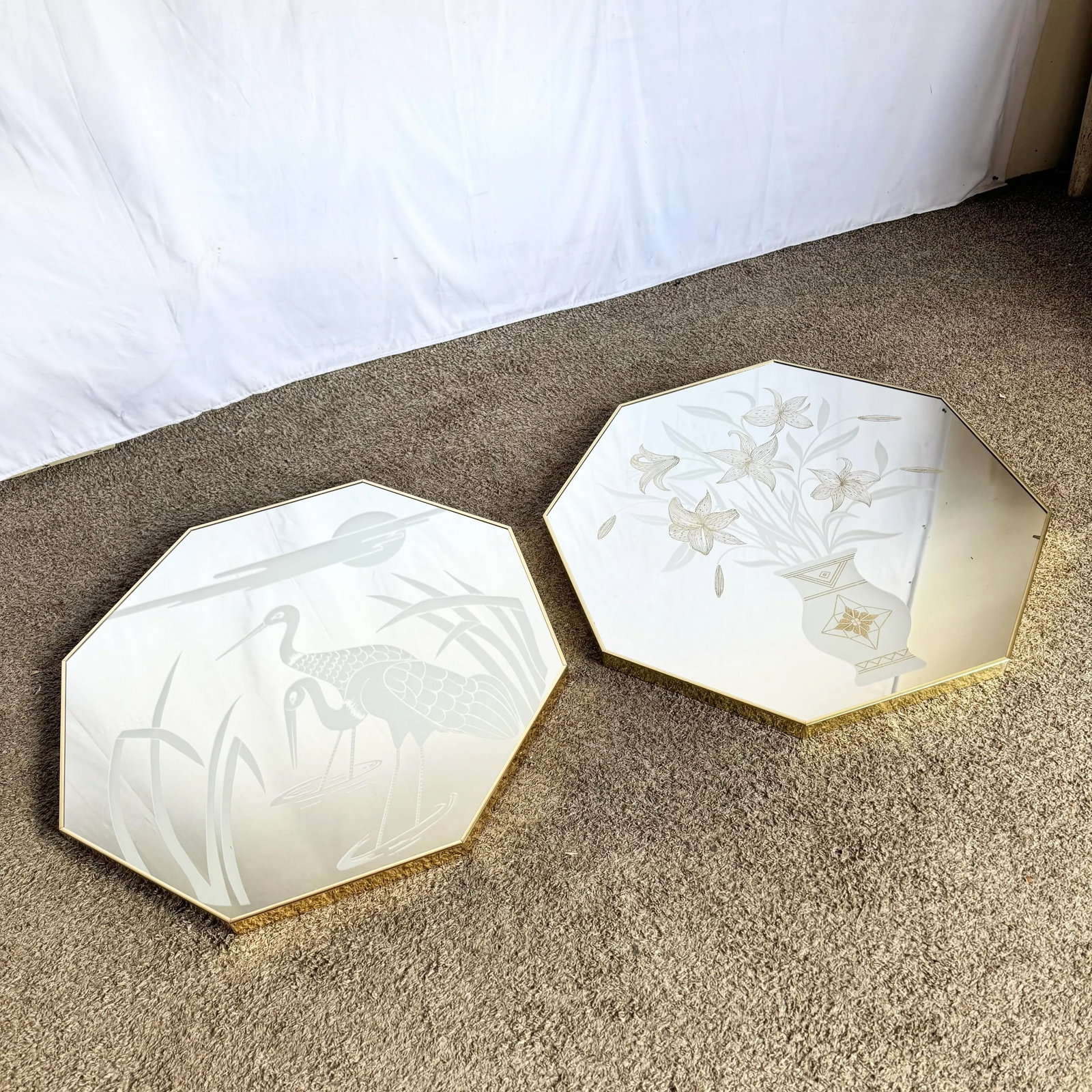 Art Deco Etched Gold and Frosted Octagonal Mirrors by Mechanical Mirror Works - A Pair - 2