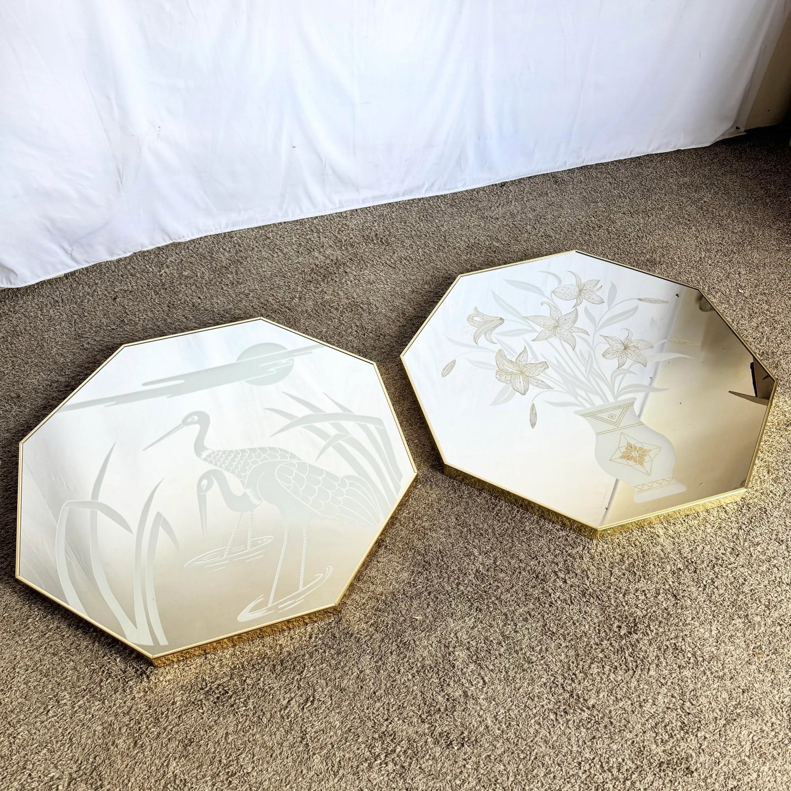 Art Deco Etched Gold and Frosted Octagonal Mirrors by Mechanical Mirror Works - A Pair - 3