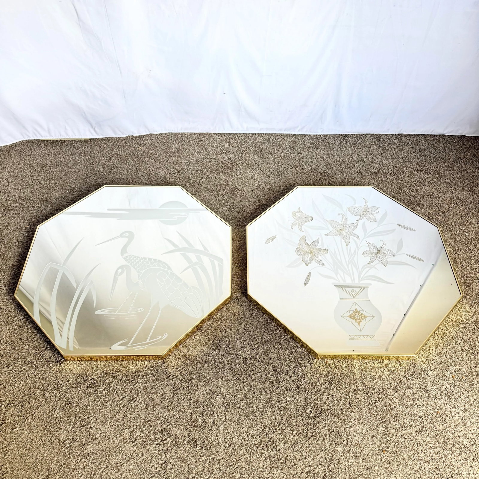 Art Deco Etched Gold and Frosted Octagonal Mirrors by Mechanical Mirror Works - A Pair - 4