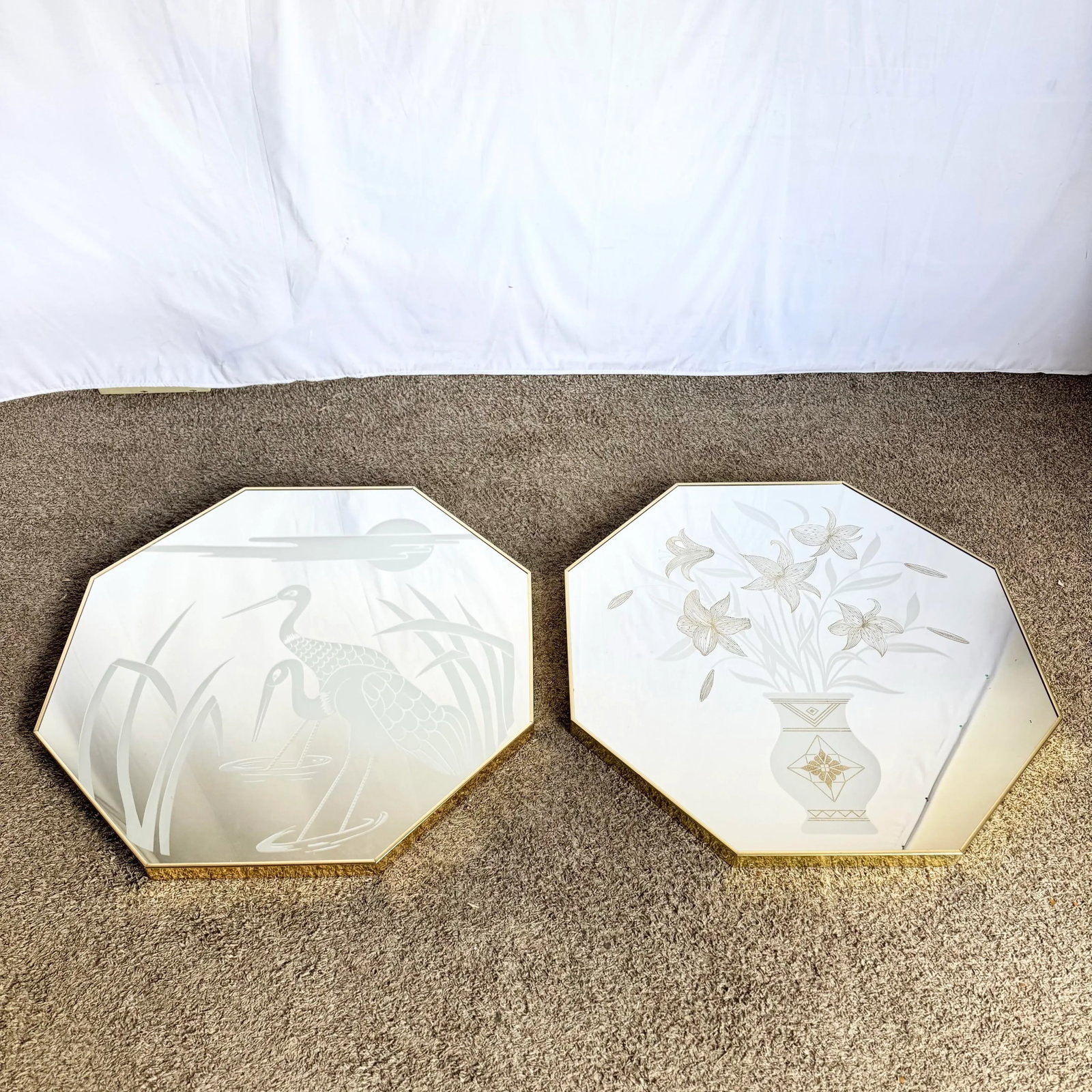 Art Deco Etched Gold and Frosted Octagonal Mirrors by Mechanical Mirror Works - A Pair - 9