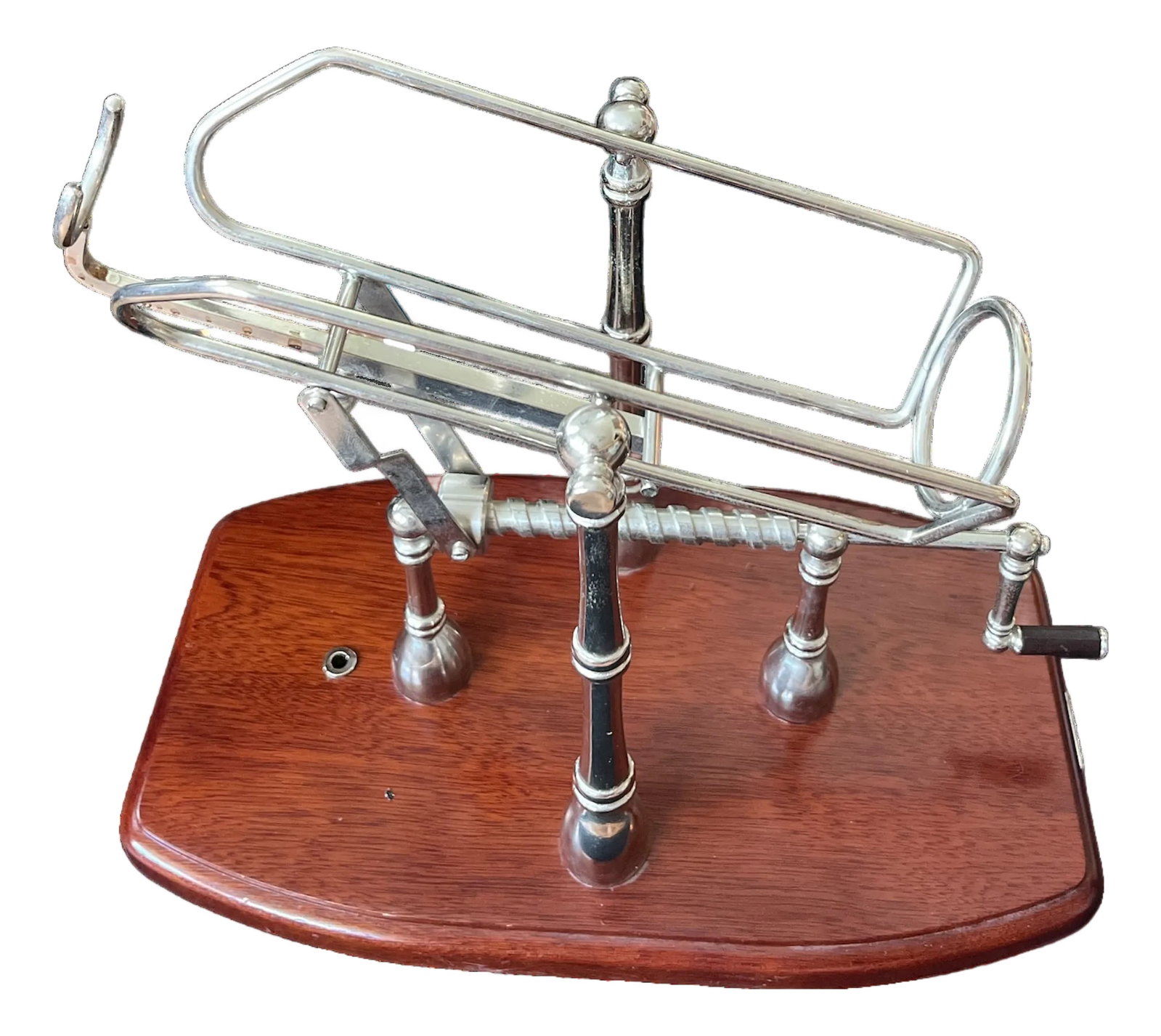 1990s Gattorna Argentina Mechanical Wine Pourer & Decanting Cradle - Nickel With Wood Base: Bring Argentina sophistication to your wine ritual with this Gattorna mechanical wine pouring decanter cradle. Made in Argentina, this elegant piece combines polished nickel mounted on a Cacharana