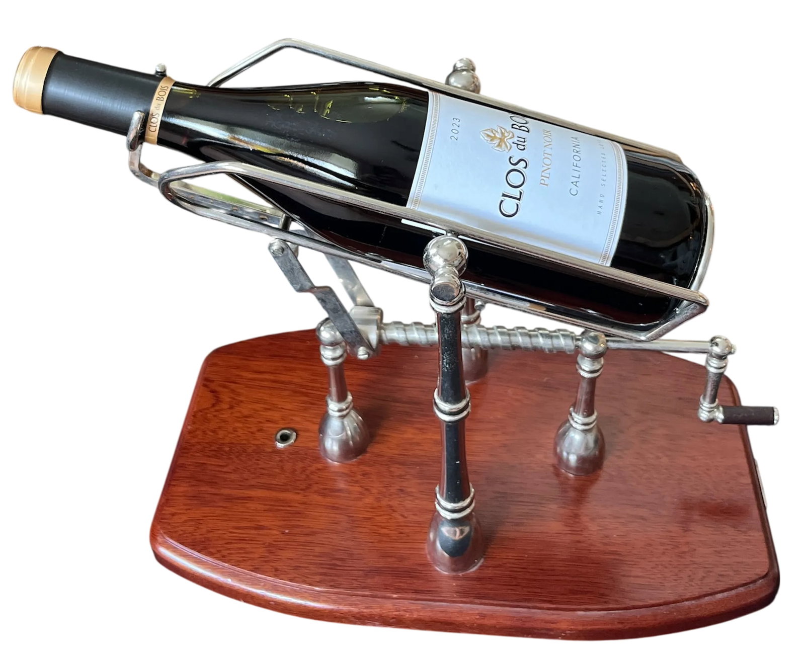 1990s Gattorna Argentina Mechanical Wine Pourer & Decanting Cradle - Nickel With Wood Base - 2