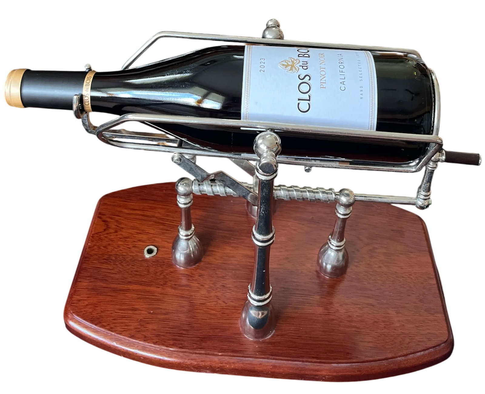 1990s Gattorna Argentina Mechanical Wine Pourer & Decanting Cradle - Nickel With Wood Base - 3
