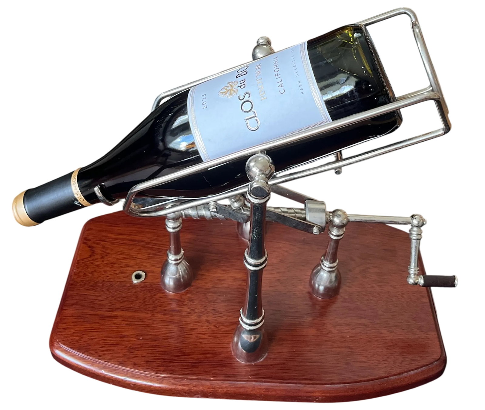 1990s Gattorna Argentina Mechanical Wine Pourer & Decanting Cradle - Nickel With Wood Base - 5