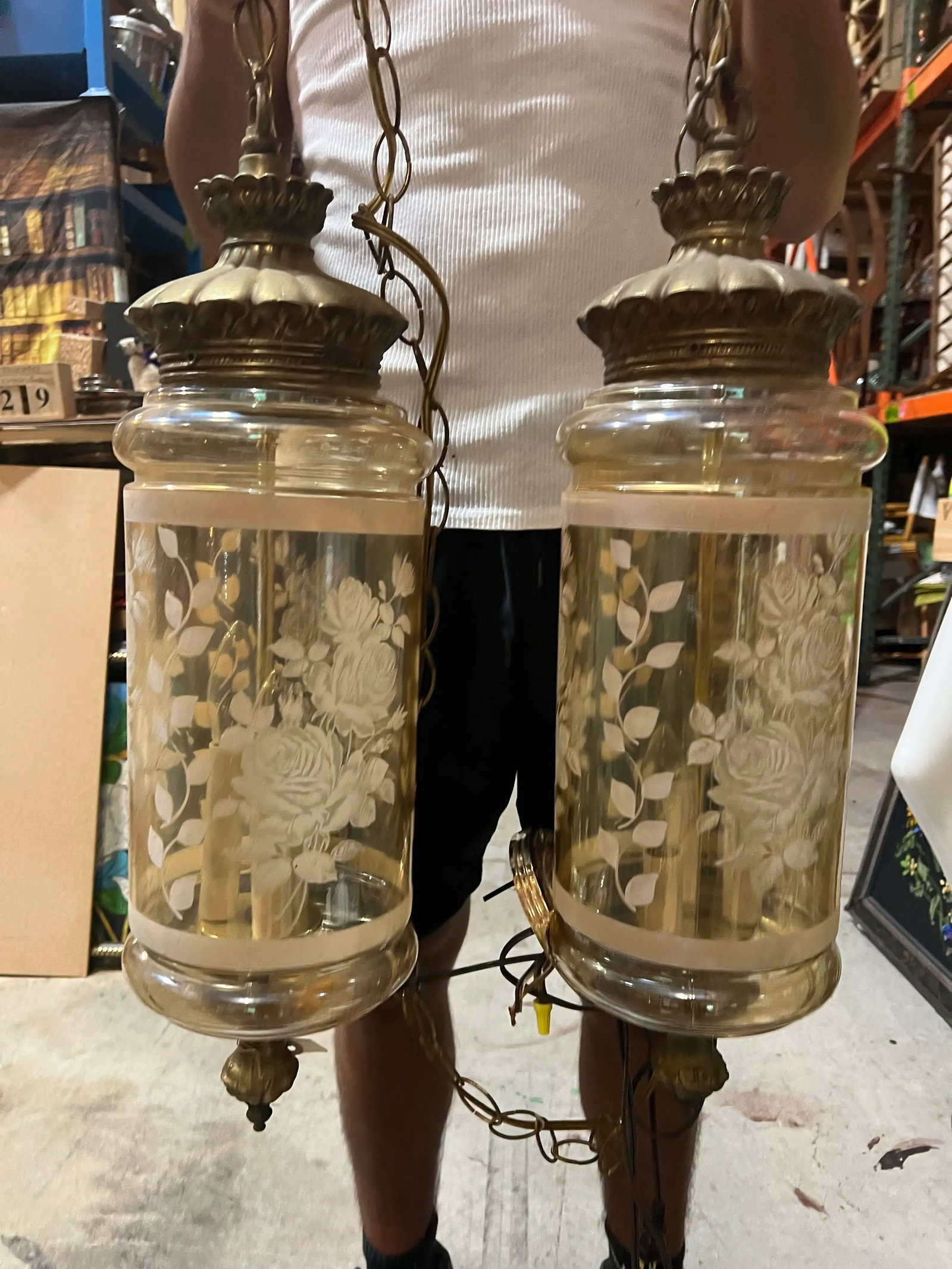Pair of 1970s Glass Pendant Lights With Floral and Brass Accents - 2
