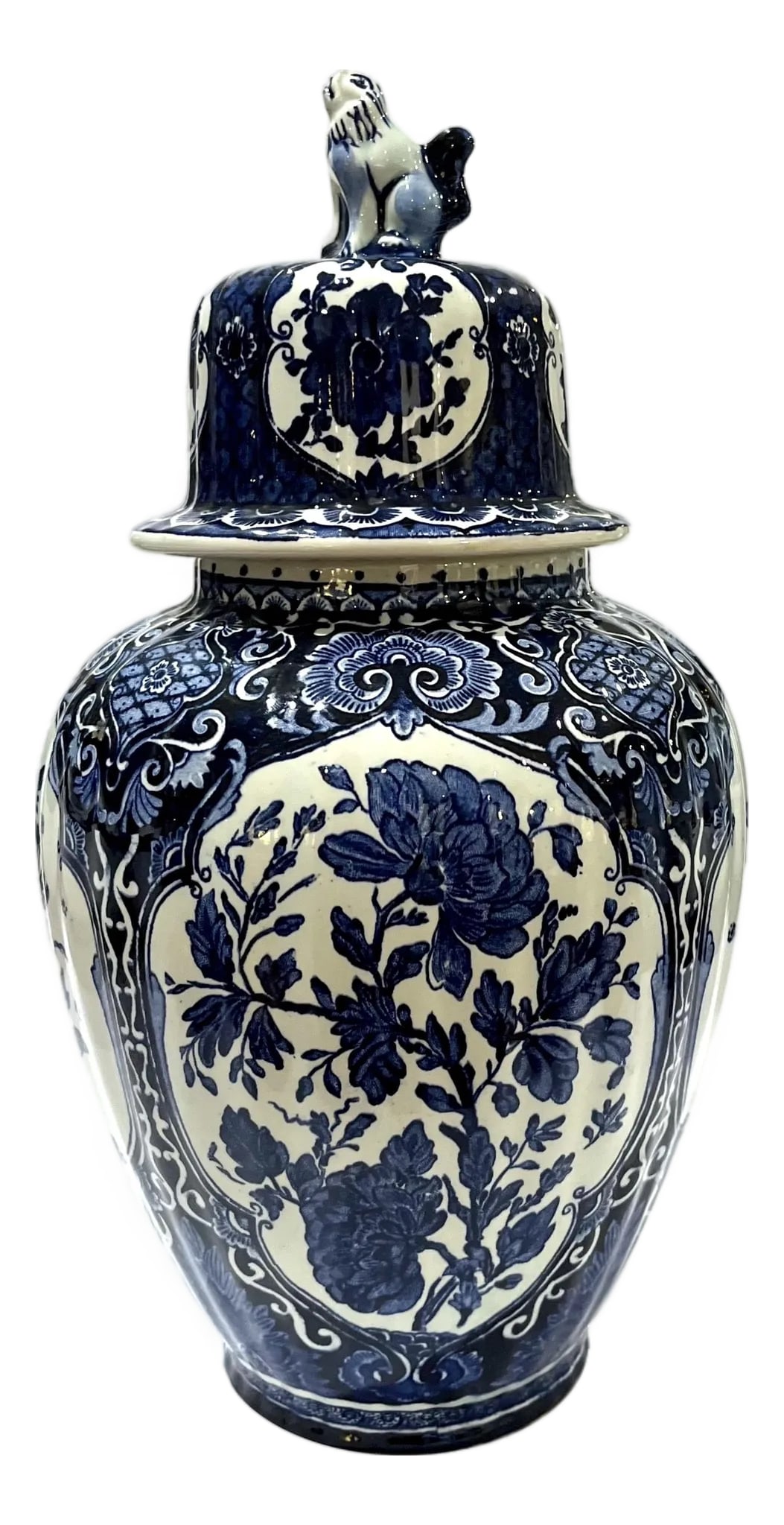 1960's Chinoiserie Delft Ginger Jar - Royal Sphinx Holland by Boch: Mid 20th century Delft ceramic ginger jar = Royal Sphinx Delft by Boch Holland. Ridged body decorated with a Chinoiserie floral pattern in cobalt blue on a soft or "antique" white ground. Matching