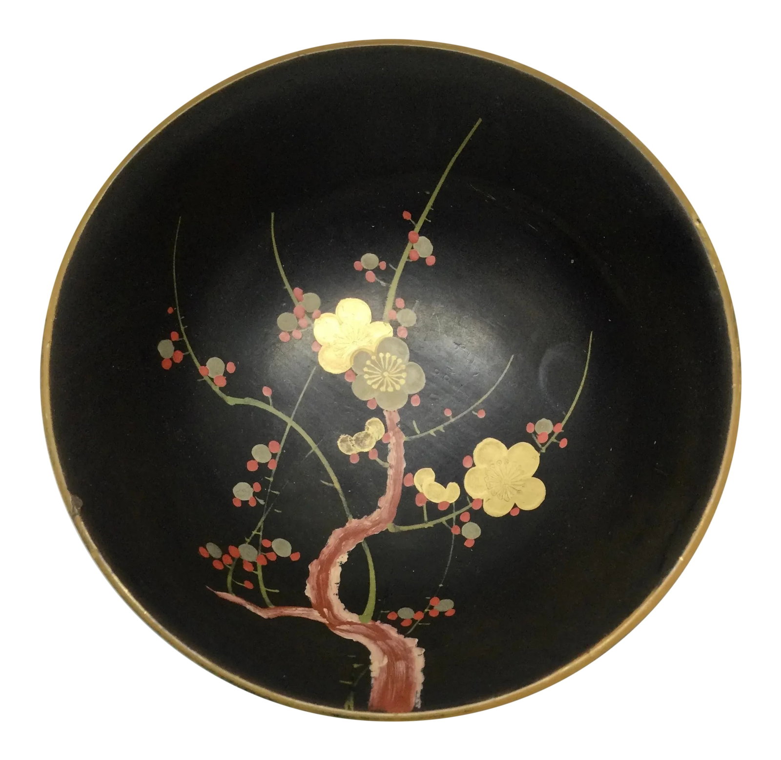 Vintage Japanese Guild Gold Hand Painted Lacquer Bowl: Gorgeous wood high quality lacquer bowl made in "Occupied Japan". Marked on the bottom and such a simple painting of Prunus or Cherry Blossom. Probably gold leaf details on the rim and interior