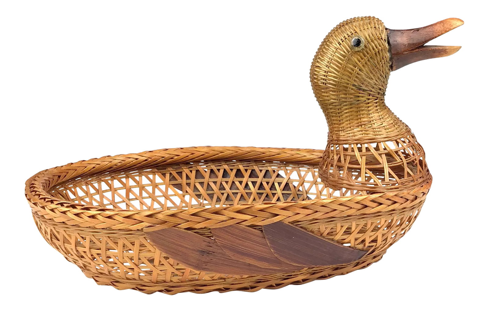Vintage Rattan Figurine Duck Basket: This little guy is amazing. The detail is beautiful and intricate. Let the photos talk to you. Rather, Quack to you! He is in perfect gift giving condition. Probably made by hand in Japan. Condition: