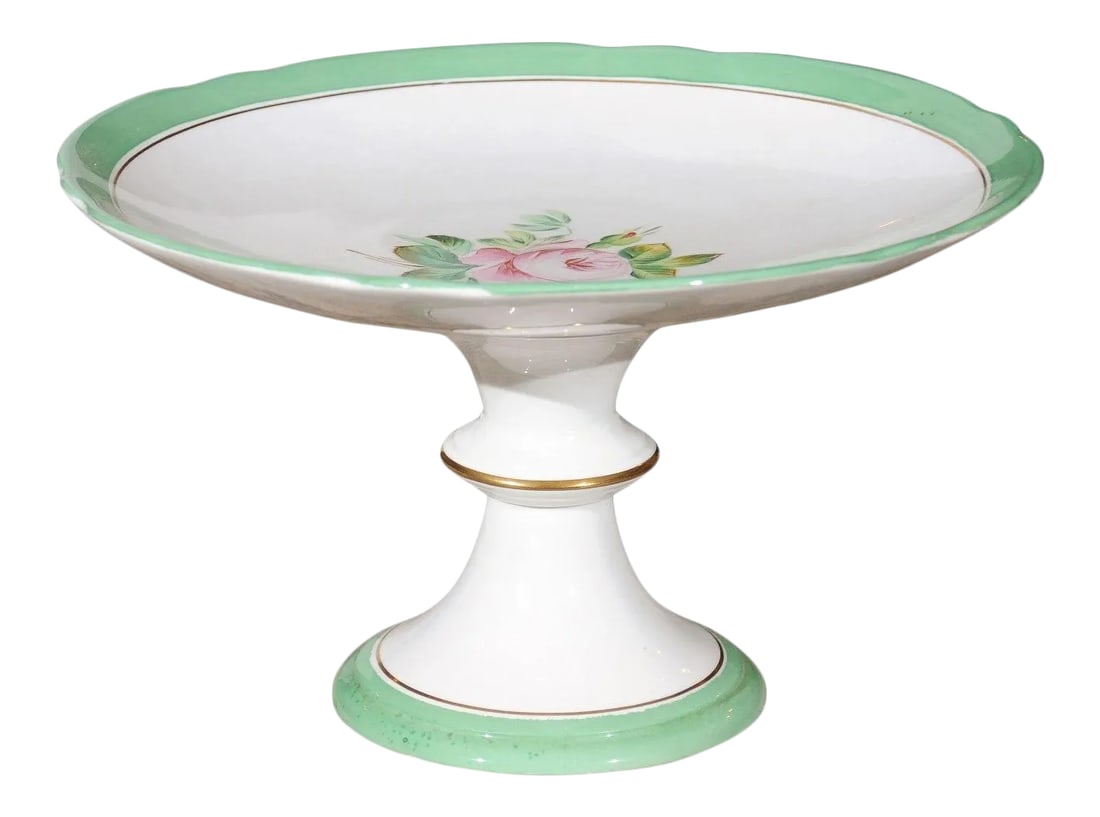 1880s English Victorian Botanical Compote with Roses, Green and Gold Accents: An English Victorian botanical compote from the late 19th century, with pink roses, green and gold trim and hourglass-shaped base. Born in England during Queen Victoria's later years, this charming co