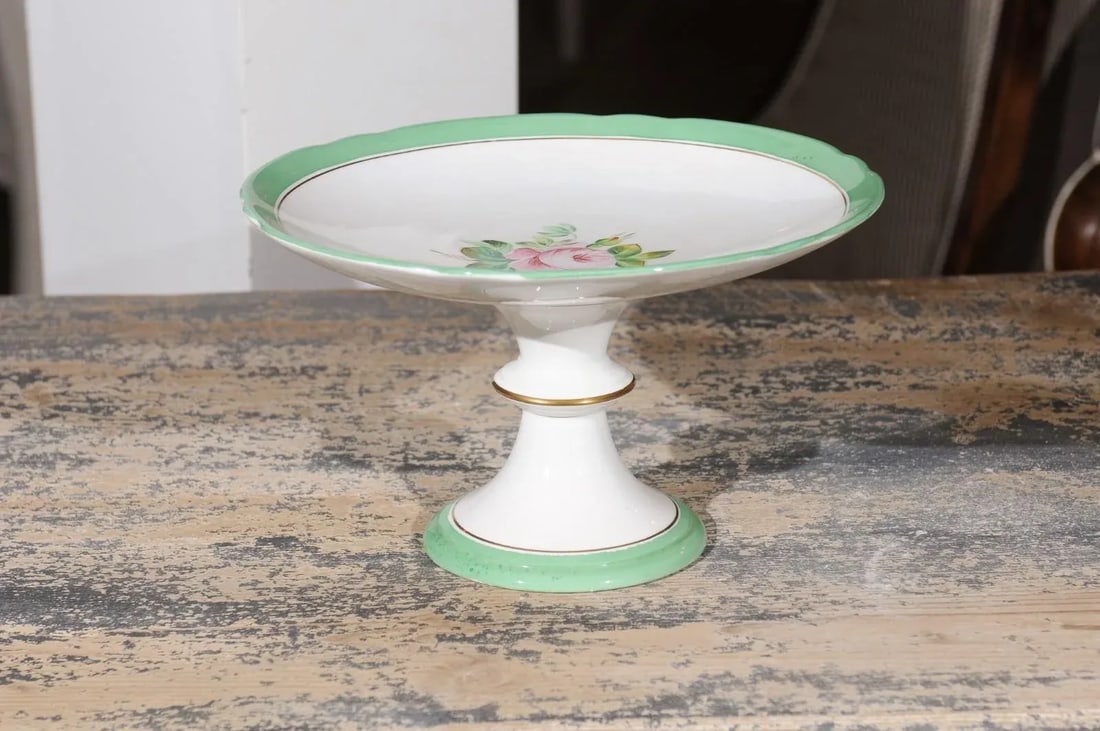1880s English Victorian Botanical Compote with Roses, Green and Gold Accents - 2