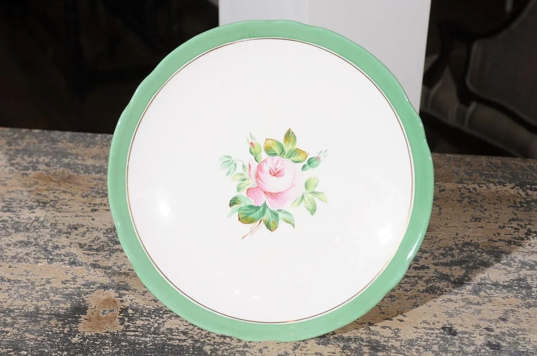 1880s English Victorian Botanical Compote with Roses, Green and Gold Accents - 6