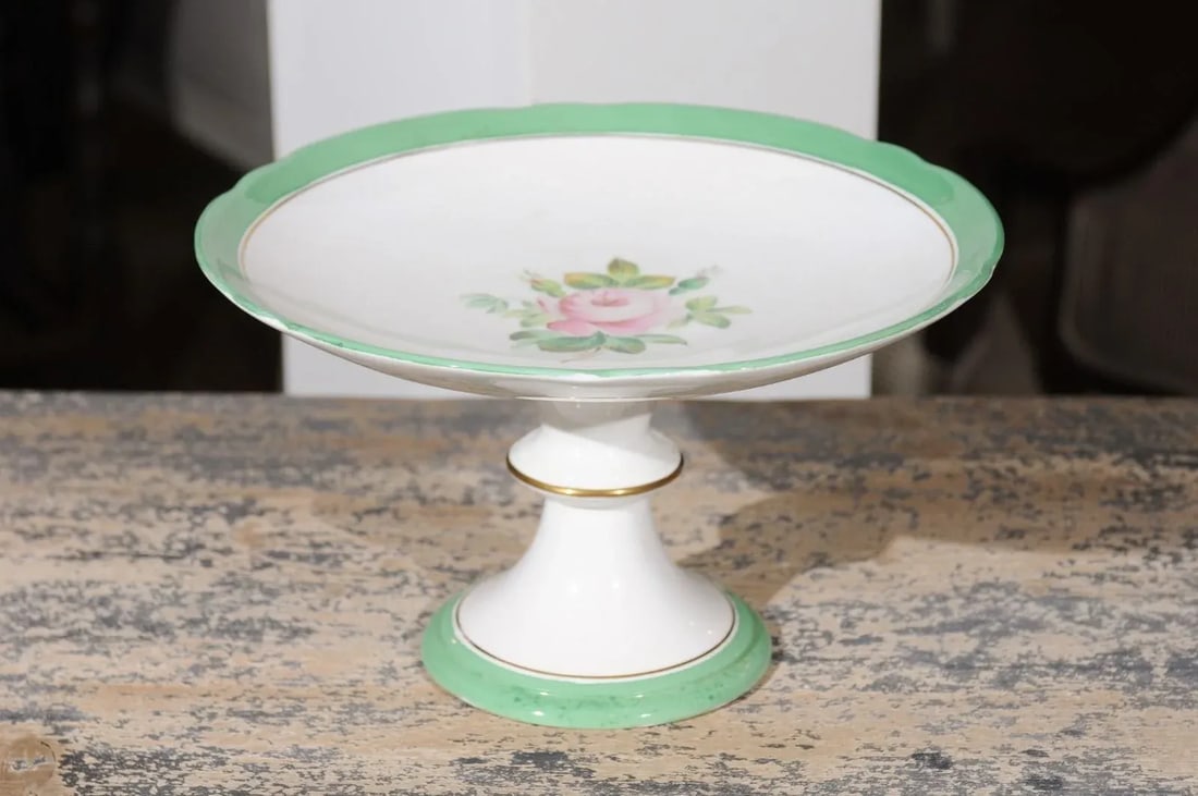 1880s English Victorian Botanical Compote with Roses, Green and Gold Accents - 7