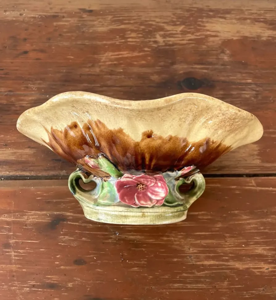 Vintage Majolica Clamshell Shaped Pedestal Bowl With Floral Designed Base - 8
