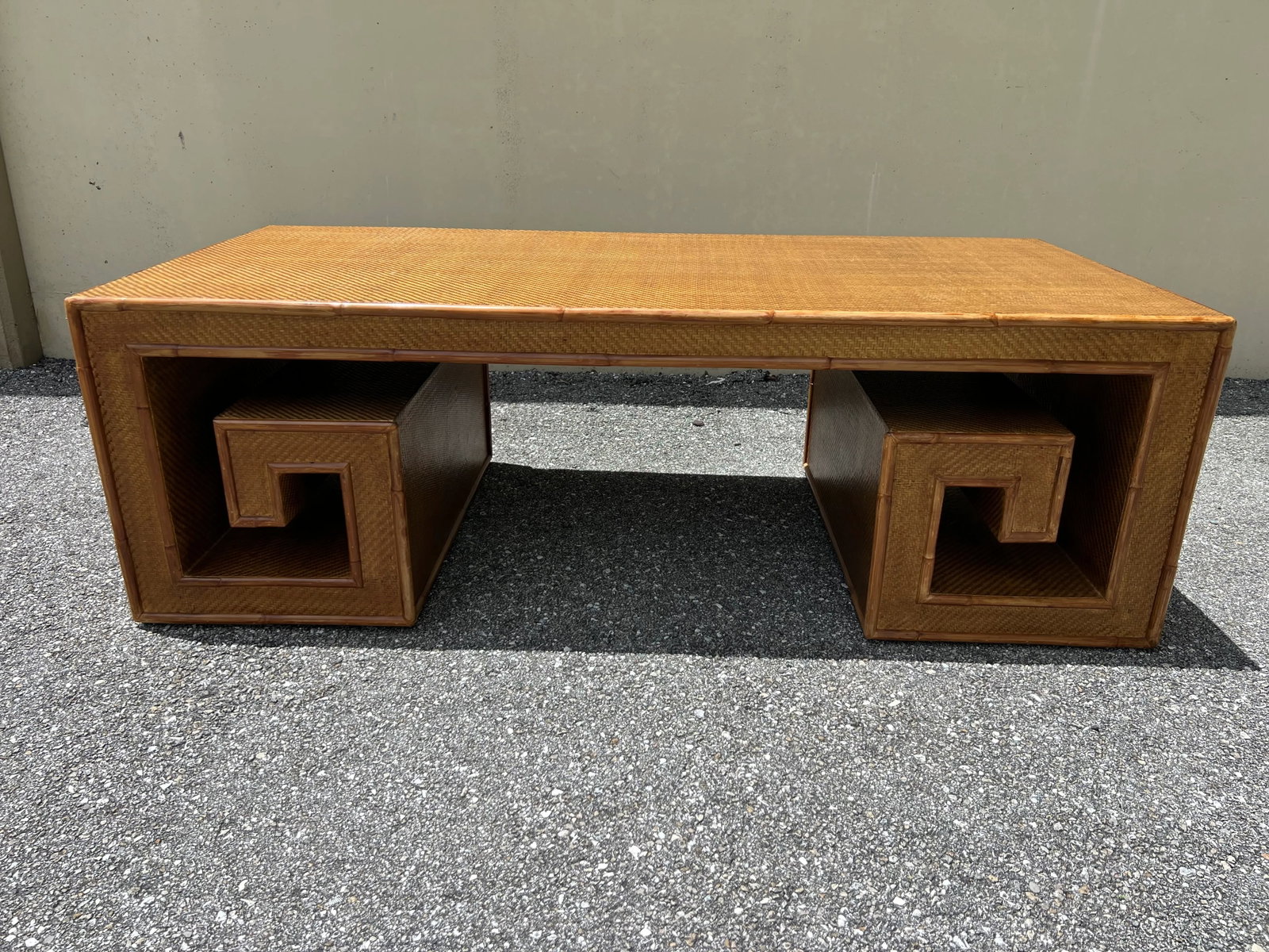 1970s Woven Rattan and Bamboo Greek Key Coffee Table - 2