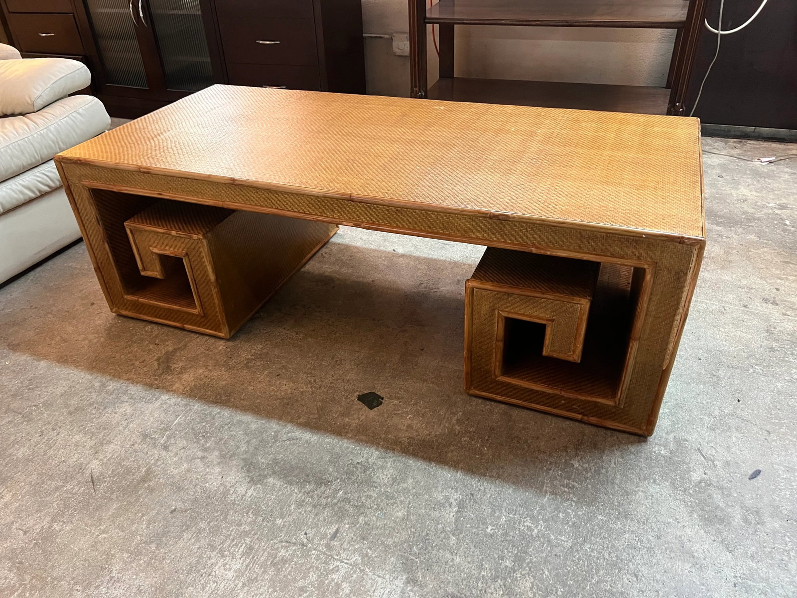 1970s Woven Rattan and Bamboo Greek Key Coffee Table - 3