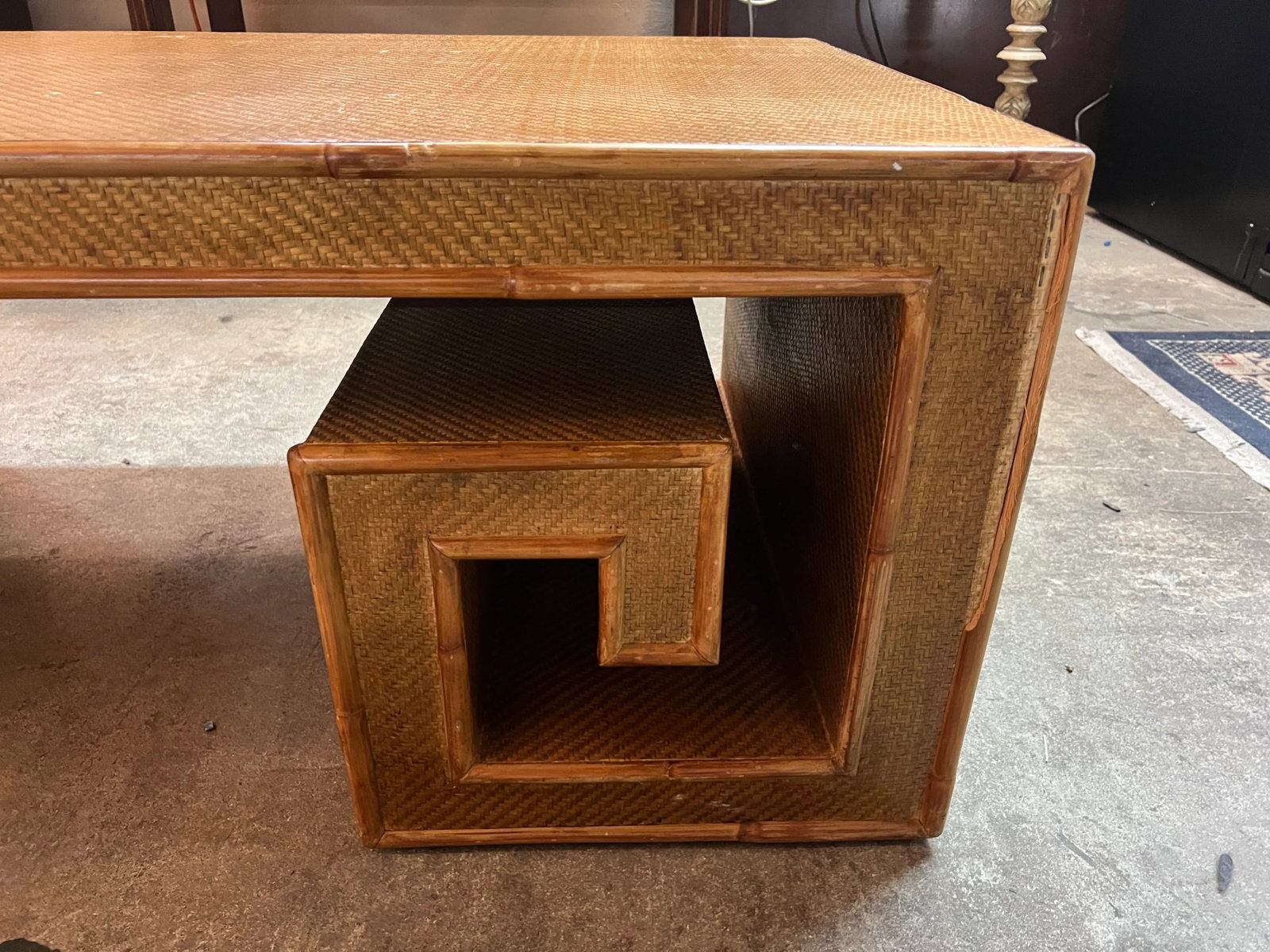 1970s Woven Rattan and Bamboo Greek Key Coffee Table - 4