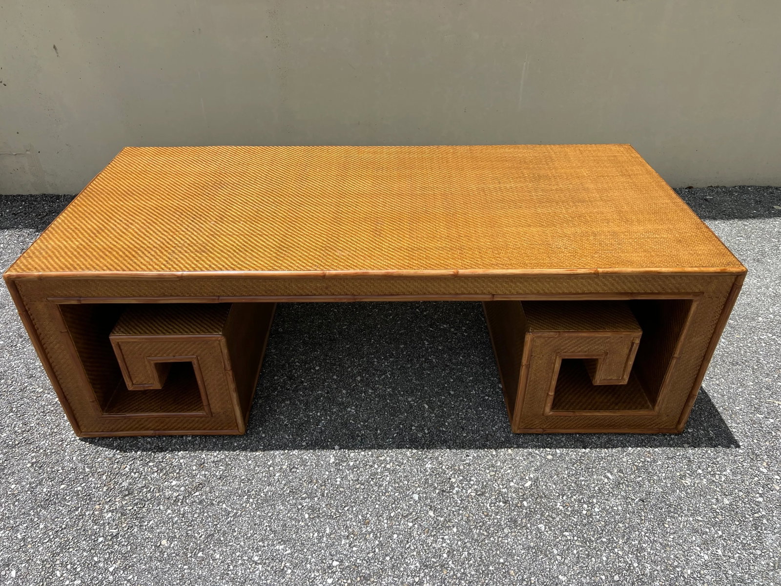1970s Woven Rattan and Bamboo Greek Key Coffee Table - 7