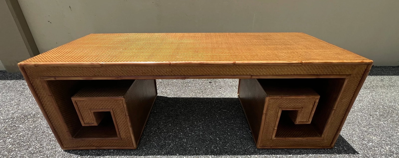 1970s Woven Rattan and Bamboo Greek Key Coffee Table - 8