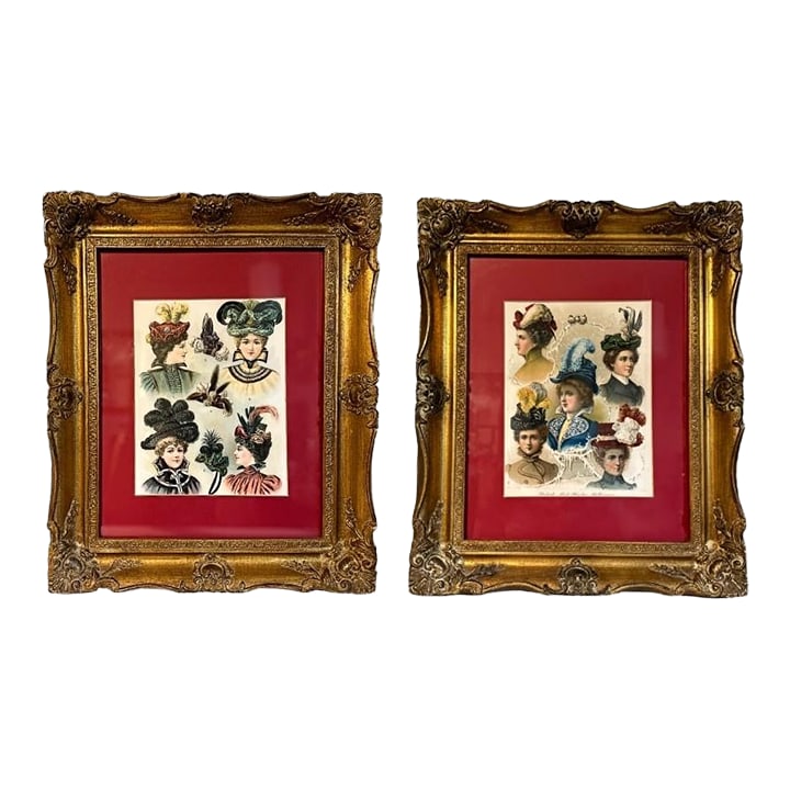 Pair of Antique 1897 Victorian Millinery Hats Chromolithograph Prints in Gilt Wood Frames (1 of 7)