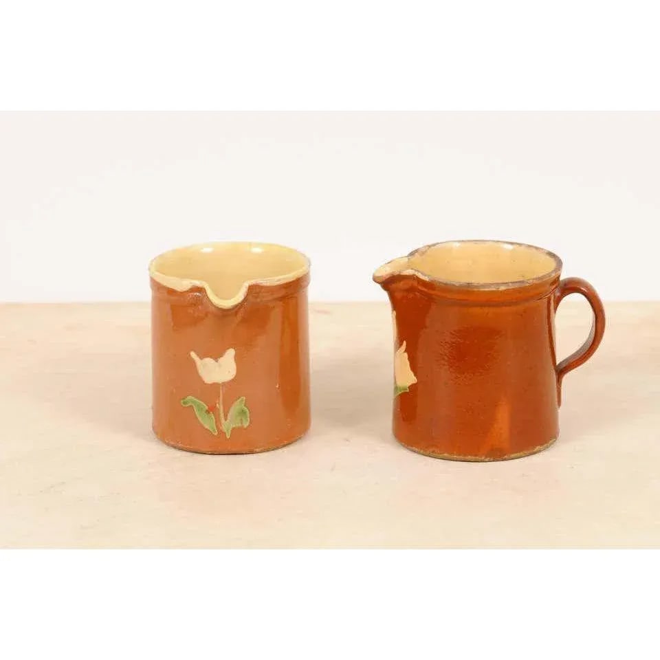 19th Century French Redware Pitcher With White Flower Decor - 5