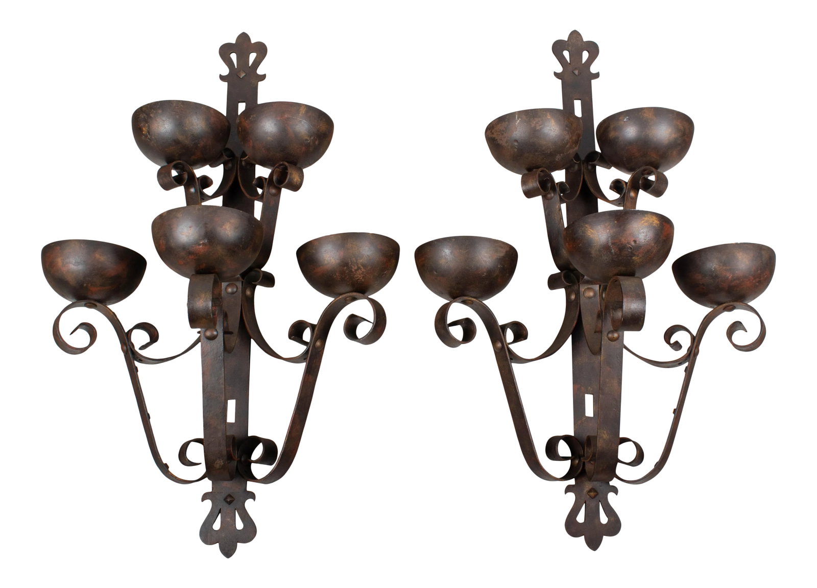 Pair of Art Deco Wrought Iron Large Sconces: A pair of large Art Deco Spanish Revival style wrought iron architectural sconces with cold-painted finish made to look like bronze. Five half-dome torchiere up-lights create a dramatic effect when li