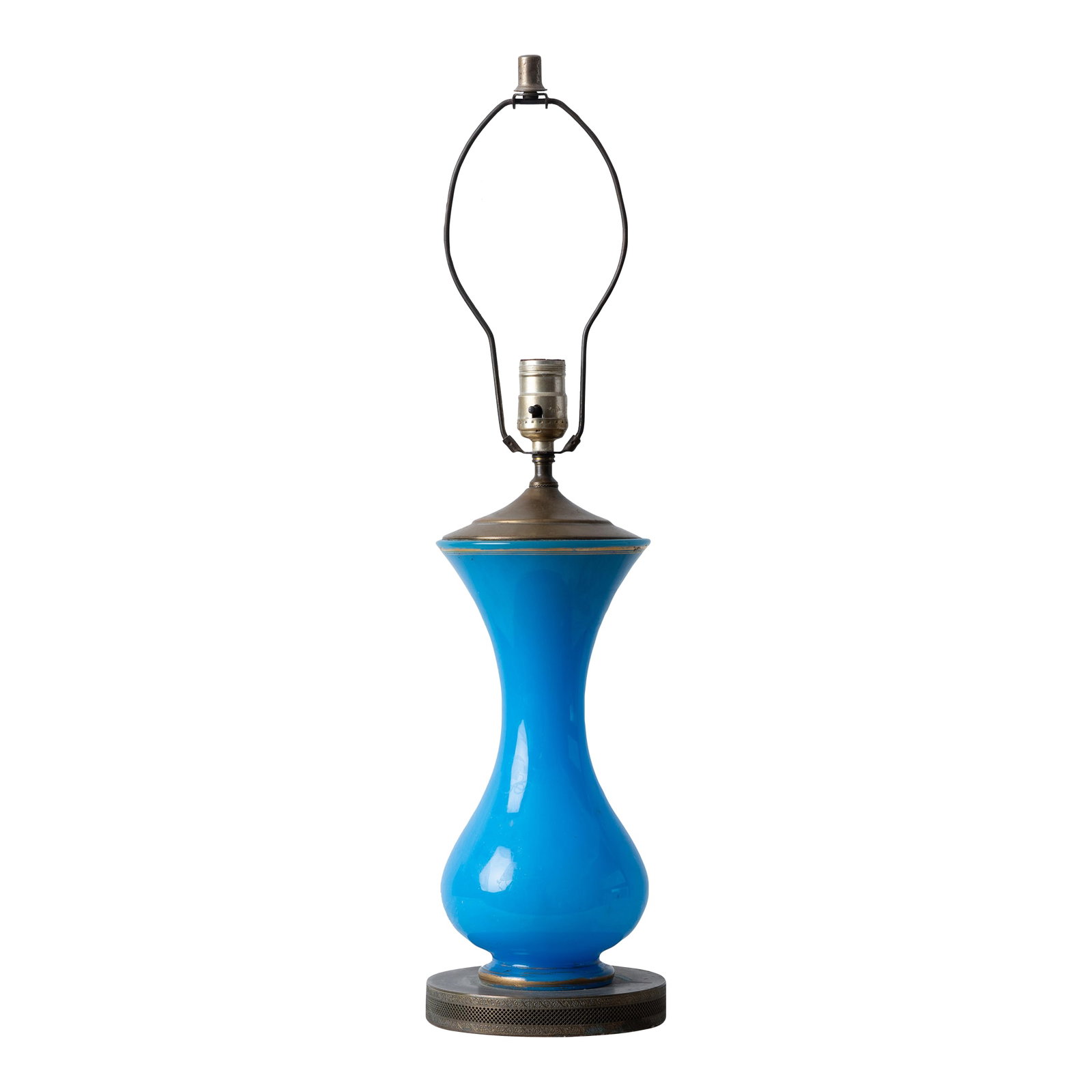 French Blue Opaline Glass Lamp: A French opaline glass vase mounted as lamp, early 20th century. 6 1/2 inches wide by 26; 13 top of glass Condition: Alterations: Original Condition Unaltered Imperfections: Some Imperfections