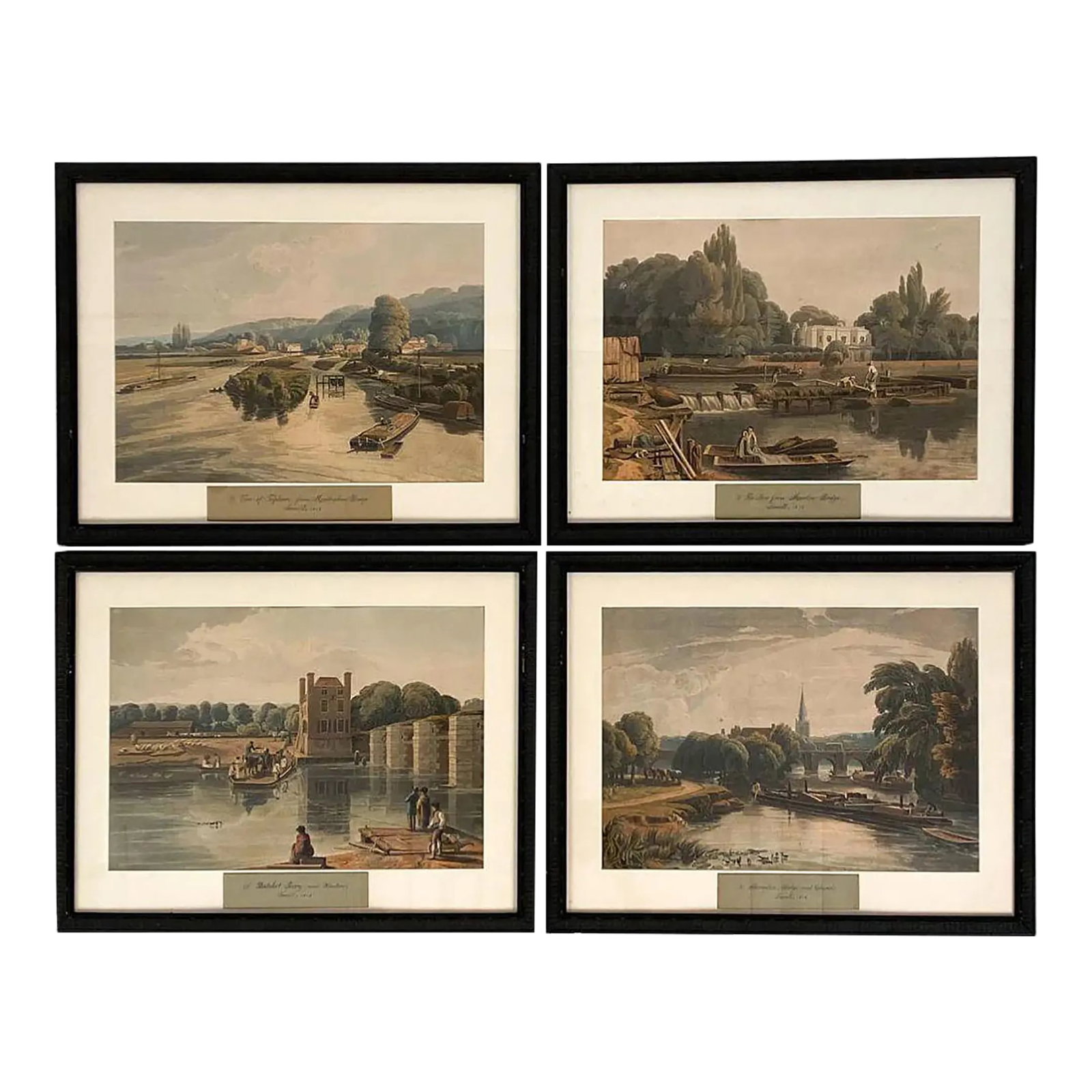 Set of Four Framed Bridge and Water Scene Prints: A set of four framed original prints of British waterfront scenes depicting 19th century landscapes by English landscape painter Havell. In 1816 Havell painted a series of pictures deemed