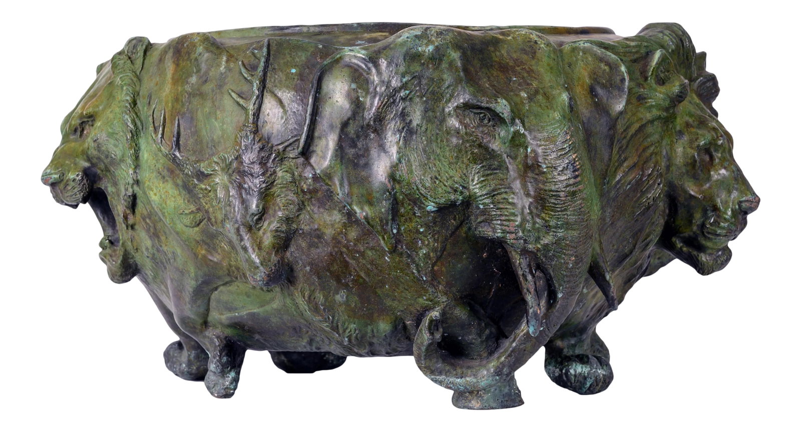 A Japanese Bronze "Animal" Jardiniere: A Japanese Meiji period bronze "animal" jardiniere by the Seiya Company, circa late 19th century. Depicted in deep relief are a lion, tiger, elephant, baboon, buffalo, bear and a deer. Having a great