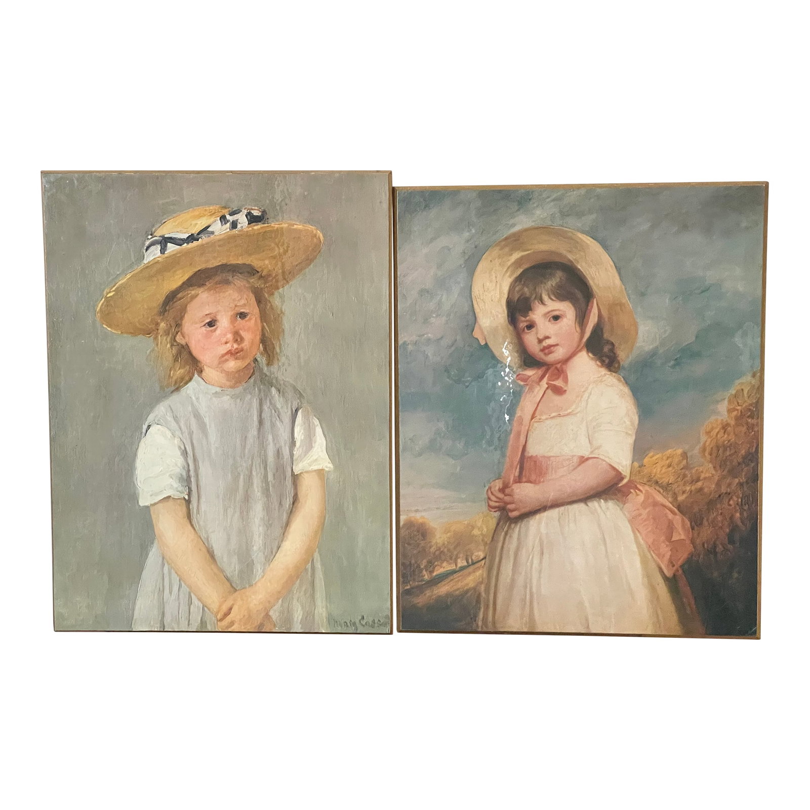 Pair of Children Portraits Romney Cassat Lithographs on Woodboard: Lithographs on woodboard , lacquered, after famous portraits by Romey and Cassat. Condition: Alterations: Original Condition Unaltered Imperfections: Some Imperfections Condition Notes: Good