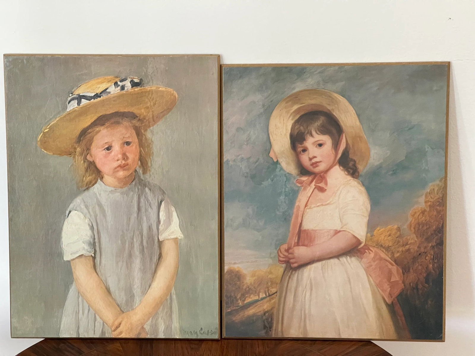 Pair of Children Portraits Romney Cassat Lithographs on Woodboard - 2