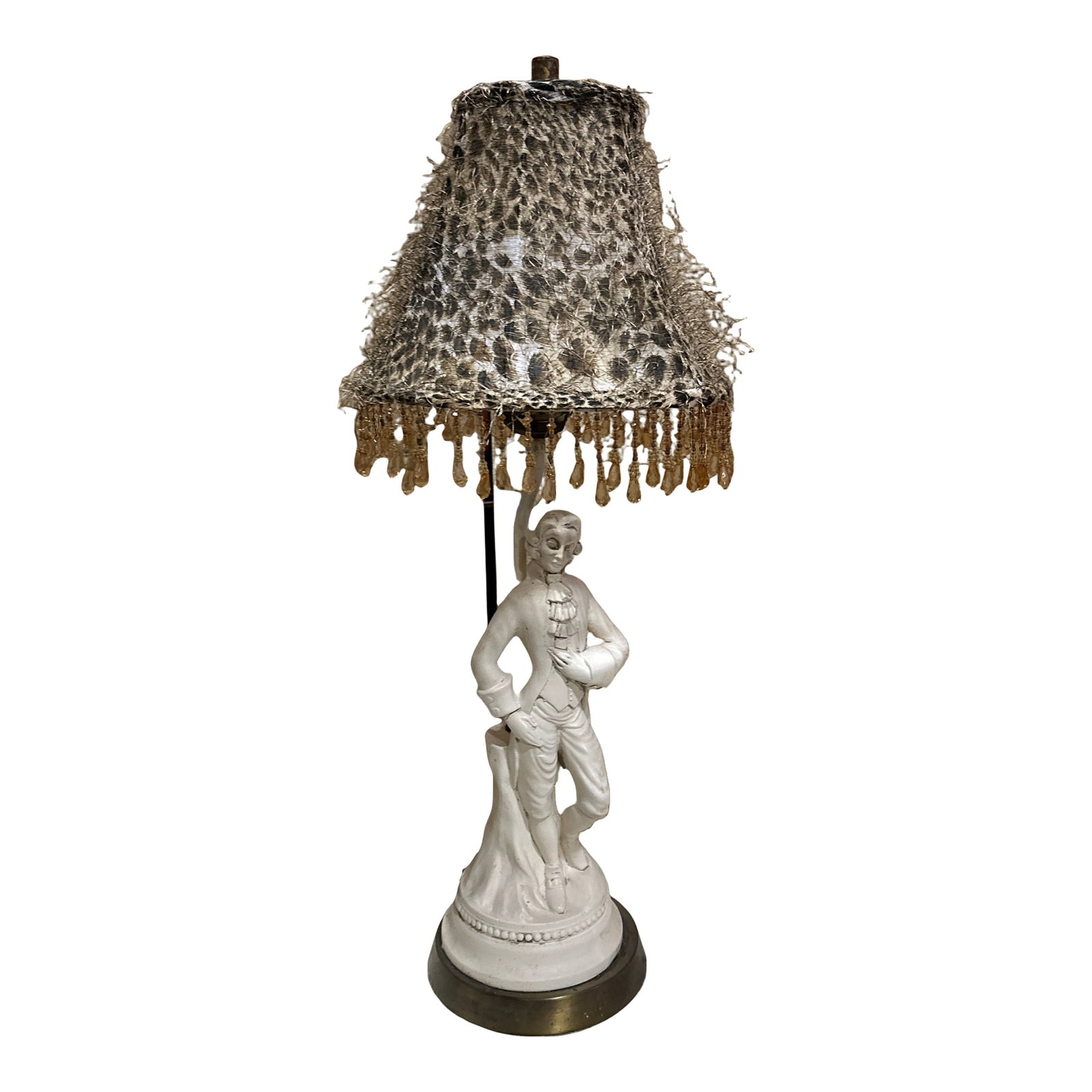 Vintage White Figurative Man Lamp With Leopard Print Lampshade: Up for consideration is a beautiful vintage figurative lamp with a ceramic man and leopard print lampshade. This is such a lovely piece that would look perfect in your home, and it is a great