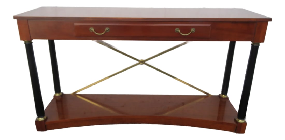 Ethan Allen Medallion Cherry Console Entry Table With Brass X Stretcher 6195: This Console Table is made of wood, solid wood, cherry, veneer, and metal. This console Table was made by Ethan Allen and it is stamped. This wonderful console table has Traditional design: it