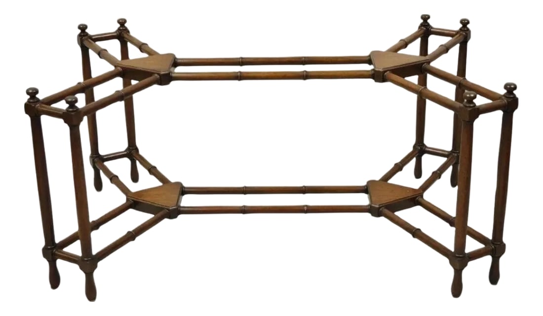 Vintage Kittinger Chinese Chippendale Faux Bamboo Mahogany Coffee Table Base: Vintage Kittinger Buffalo Faux Bamboo Chinese Chippendale Mahogany Wood Coffee Table Base (No top). Item features a carved faux bamboo frame, stretcher base, original labels, very nice vintage item, q