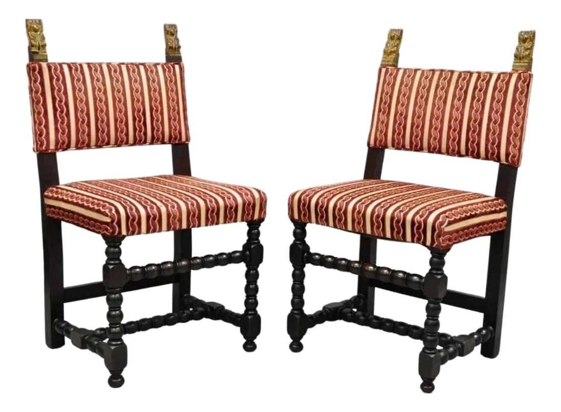 Antique Small Jacobean Style Turn Carved Walnut Accent Side Chairs - A Pair: Antique Small Jacobean Style Turn Carved Walnut Accent Side Chairs - a Pair. Item features nice small size, turn carved frame and stretcher base, gilt carved finials, solid wood frames, very nice anti