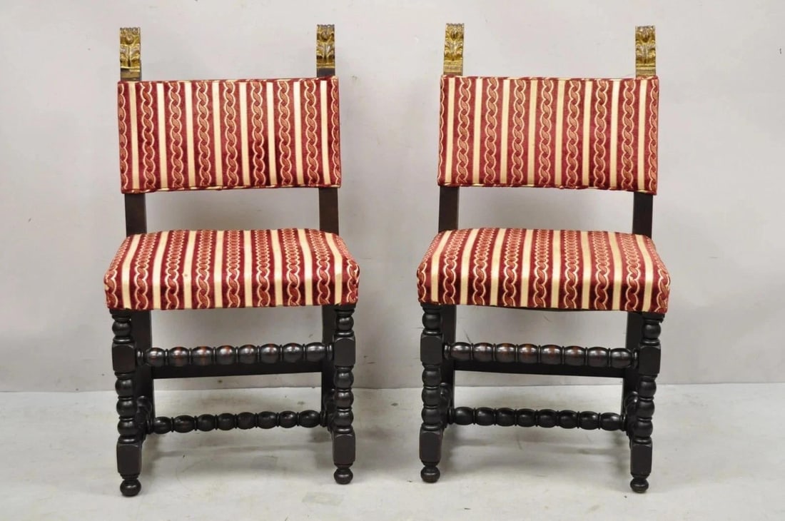 Antique Small Jacobean Style Turn Carved Walnut Accent Side Chairs - A Pair - 3