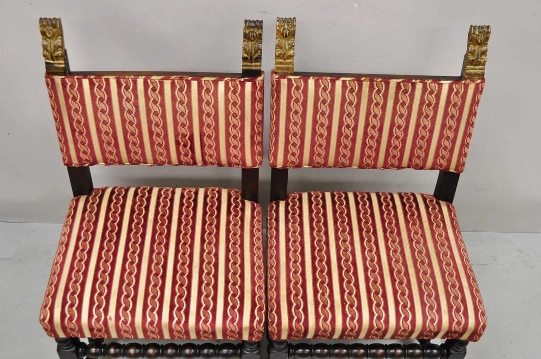 Antique Small Jacobean Style Turn Carved Walnut Accent Side Chairs - A Pair - 5