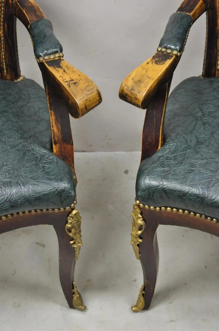 Vintage French Louis XV Style Solid Wood Bronze Ormolu Arm Chairs - A Pair - 11