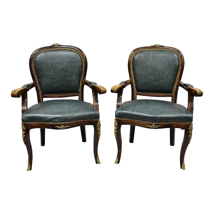 Vintage French Louis XV Style Solid Wood Bronze Ormolu Arm Chairs - A Pair: Vintage French Louis XV Style Solid Wood & Bronze Ormolu Arm Chairs - a Pair. Item features green vinyl/Naugahyde upholstery, bronze ormolu, solid wood frames, distressed finish, cabriole legs, very n