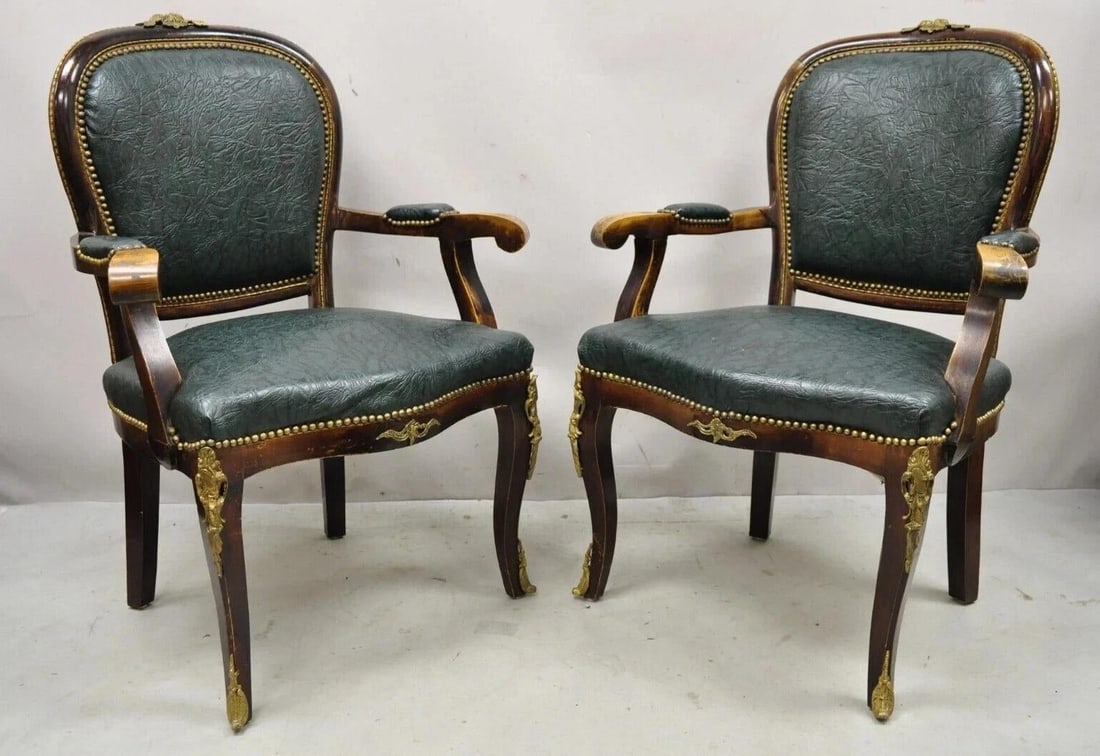 Vintage French Louis XV Style Solid Wood Bronze Ormolu Arm Chairs - A Pair - 2