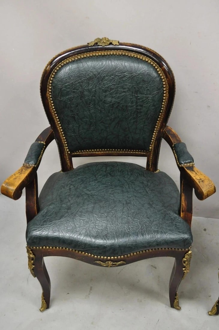 Vintage French Louis XV Style Solid Wood Bronze Ormolu Arm Chairs - A Pair - 3
