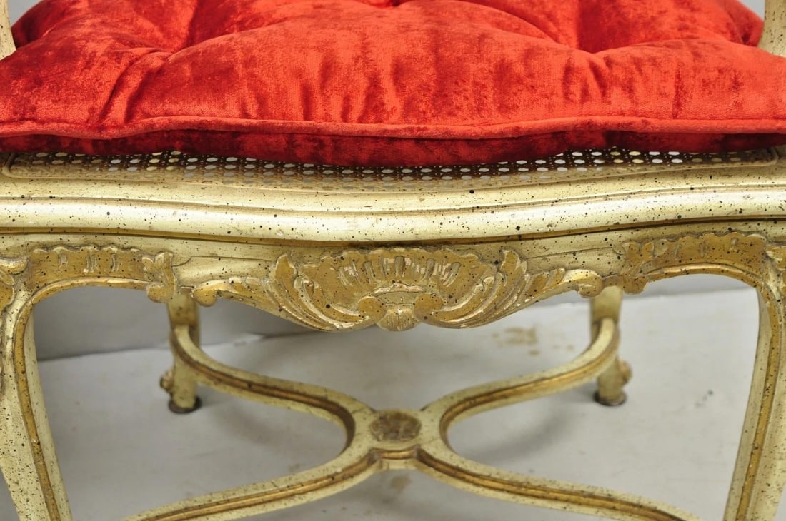 Vintage French Louis XV Style Cream Painted Carved Wood Cane Arm Chairs - A Pair - 11