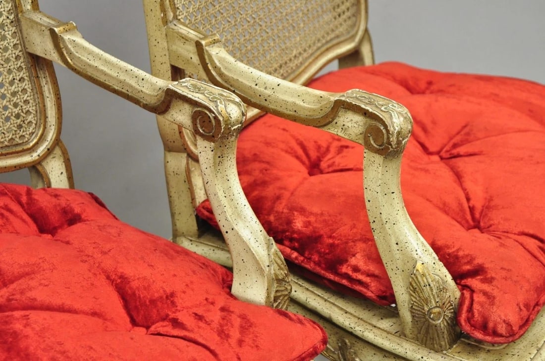 Vintage French Louis XV Style Cream Painted Carved Wood Cane Arm Chairs - A Pair - 12