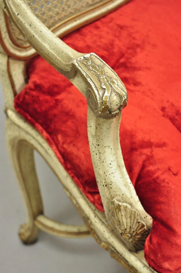 Vintage French Louis XV Style Cream Painted Carved Wood Cane Arm Chairs - A Pair - 13