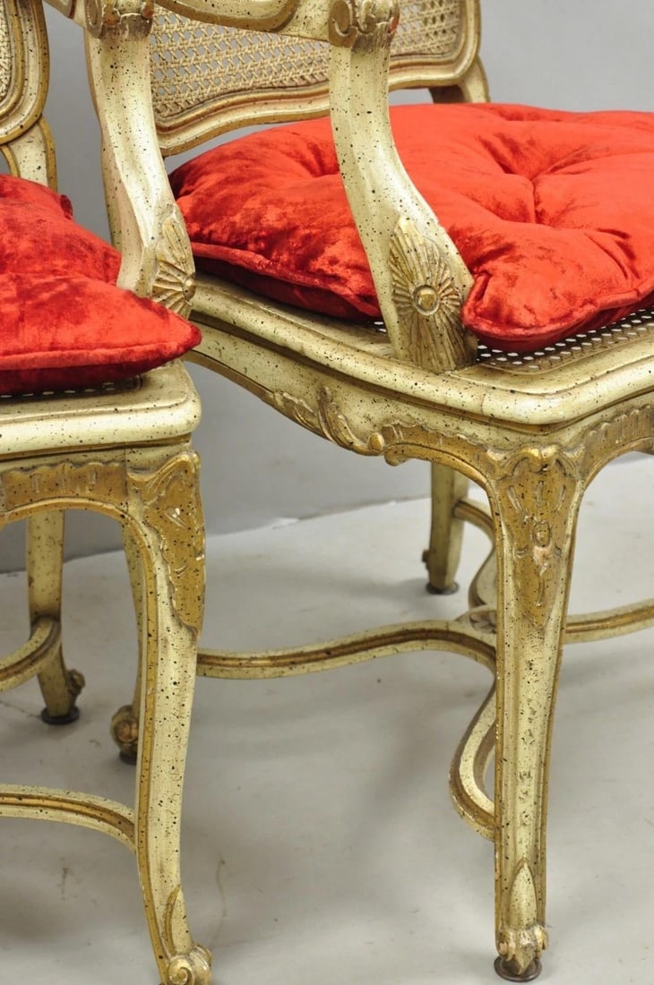 Vintage French Louis XV Style Cream Painted Carved Wood Cane Arm Chairs - A Pair - 14
